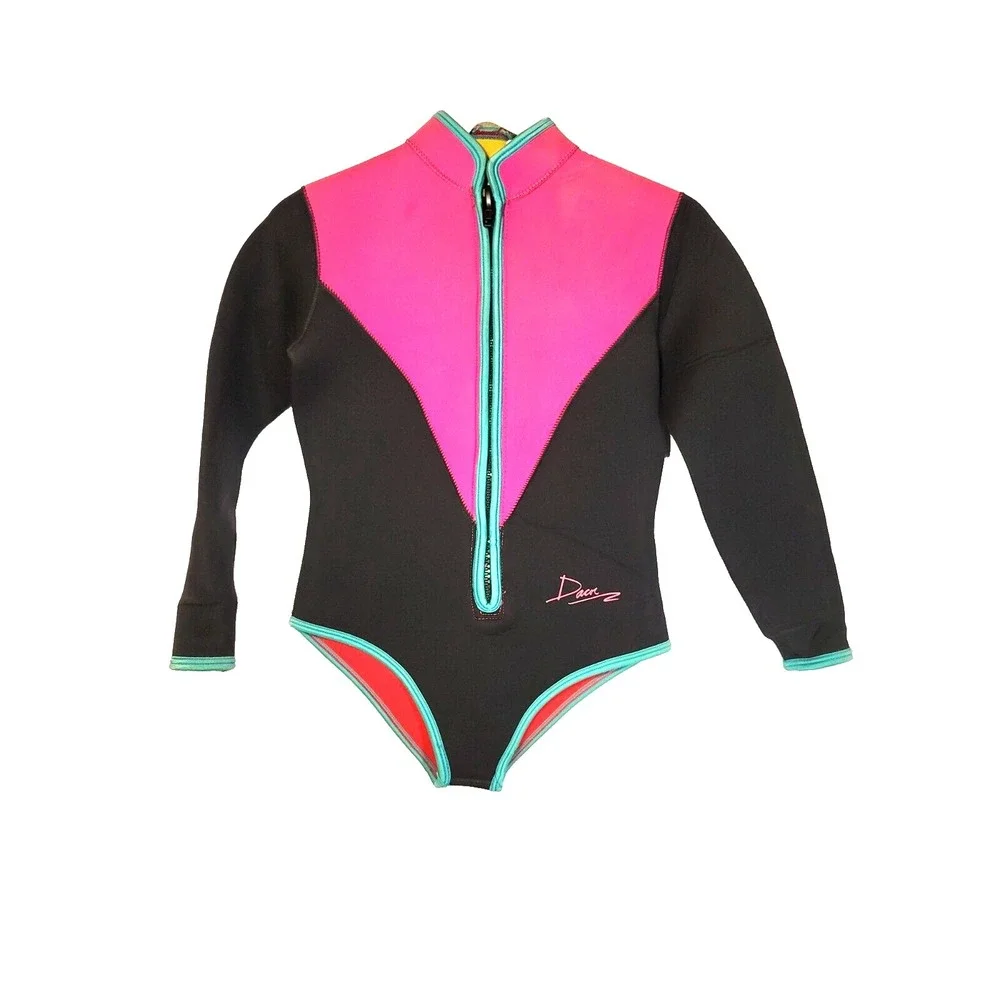 Dacor Diving Wetsuit Long Sleeve‎ Zip Front Black Pink Teal Girls Size Large